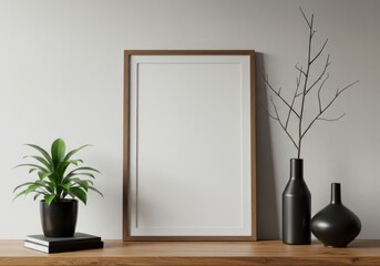 Framed mockup on gray background with plant and vases for art, photos, posters, and designs