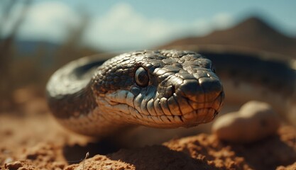 Obraz premium A shiny scaled snake rests coiled on arid desert soil with its head raised and focused, highlighting the Hopi Snake Dance reverence for serpents