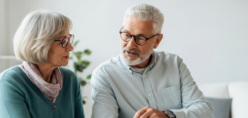 Elderly caucasian couple engaged in conversation at home