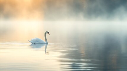 Peaceful swan gliding on a serene lake at dawn.
