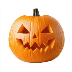 A medium-sized carved pumpkin (Jack-o'-lantern) with a classic Halloween face design--triangular eyes and nose, with a wide, toothy grin. The pumpkin is deep orange with jagged carvings and a rough te
