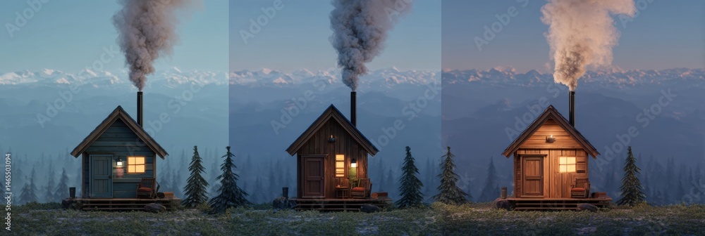 Aufkleber Cozy Tiny Mountain Cabins With Warm Fireplaces in a Tranquil Alpine Setting During Twilight Hours Generative AI