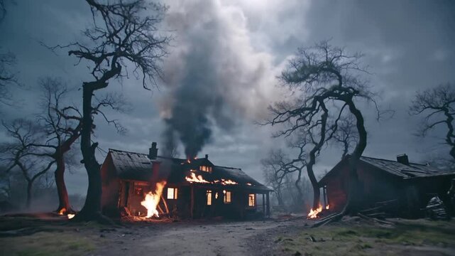 Maison en feu dans une for&ecirc;t lugubre apr&egrave;s une explosion