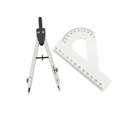 An open silver compass rests next to a white protractor with a transparent background.