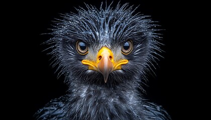 Close-up portrait of a wet, feathered raptor.