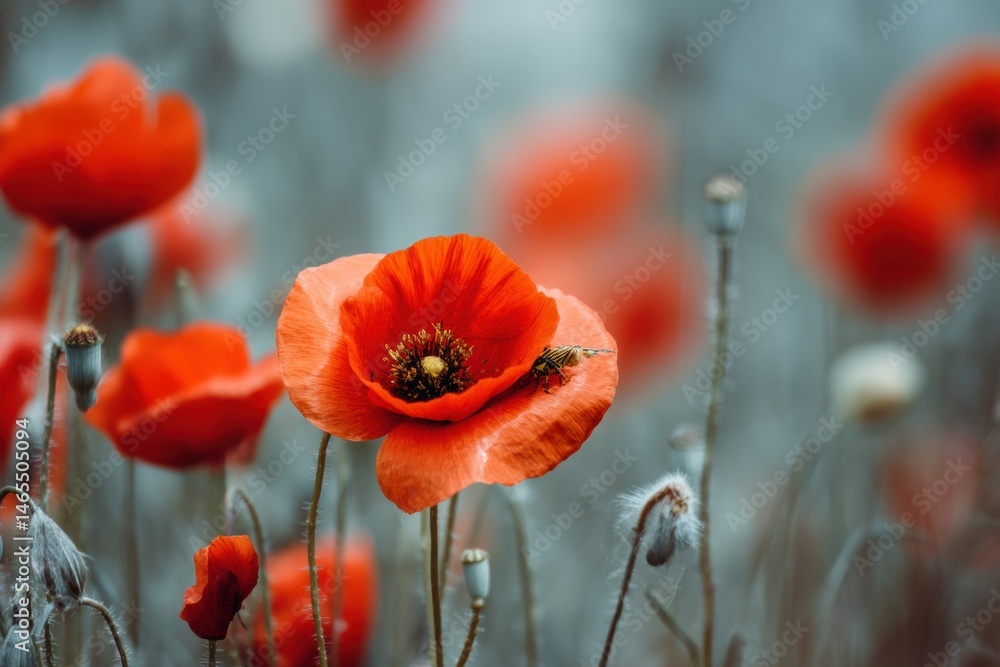 Aufkleber beautiful poppy field with vibrant blooms and a focused insect capturing natures intricate details g