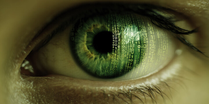 A striking close-up of a human eye reflects green binary code in the iris, symbolizing AI integration and digital consciousness. Futuristic lighting enhances the tech-focused, cybernetic concept.