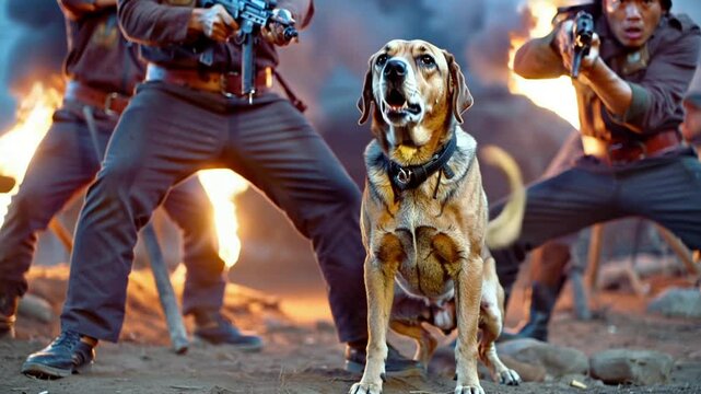 Chien de guerre aboyant au c&oelig;ur de l&rsquo;action avec soldats arm&eacute;s