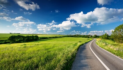 Obraz premium country road winding through green summer meadows blue sky with fluffy clouds peaceful rural scenery