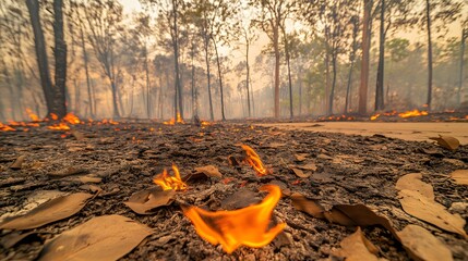 Forest Fire Aftermath Smoldering Embers Burning Leaves Ground