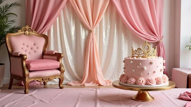 Pink princess party decorations ideas for girls birthday celebration and cake smash photoshoot