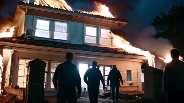 Maison en feu la nuit, quatre silhouettes en observation