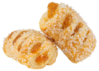 Apple Strudel. Apple pie or pastry bites with sugar grains. Strudel with apple jam. Sweet Dessert. Homemade puff pastry. Home style bakery. Macro food photo. Isolated background.