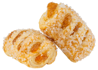 Apple Strudel. Apple pie or pastry bites with sugar grains. Strudel with apple jam. Sweet Dessert. Homemade puff pastry. Home style bakery. Macro food photo. Isolated background.