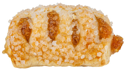 Apple Strudel. Apple pie or pastry bites with sugar grains. Strudel with apple jam. Sweet Dessert. Homemade puff pastry. Home style bakery. Macro food photo. Isolated background.