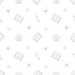 Seamless education-themed pattern with open books, pencils, light bulbs, stars, and hearts in outline style. Perfect for learning projects and backgrounds