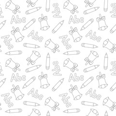 Seamless school-themed pattern with bells, pencils, and "ABC" text in a simple outline style. Perfect for coloring books and educational designs.