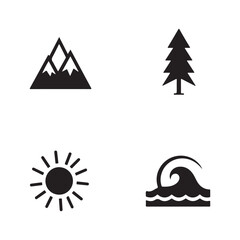 This vector illustration showcases a set of mountain icons, a design featuring triangle shapes as symbols for nature or business logos