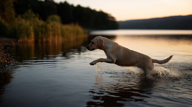 Dog jumping through shallow water at sunset with a summer glow