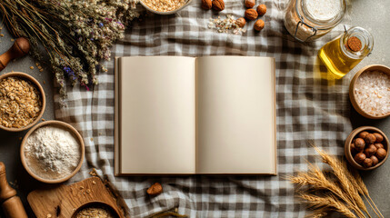 Blank recipe book, mills and products on checkered tablecloth, flat lay