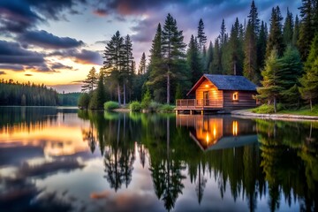 Obraz premium a cabin beside a calm forest lake at dusk
