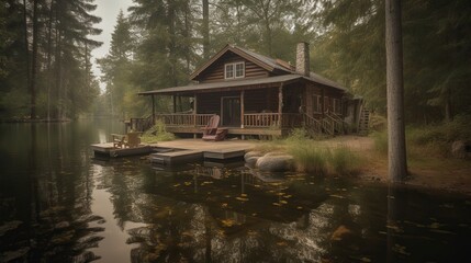Fototapeta premium Rustic cabin on a serene lake (1)