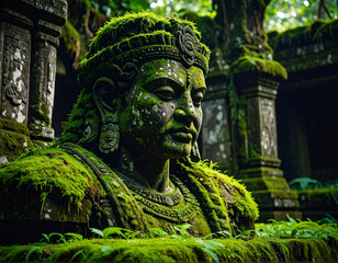 A weathered and broken statue of a warrior, overgrown with moss, signifying the fading glory of war and the enduring power of nature and peace.