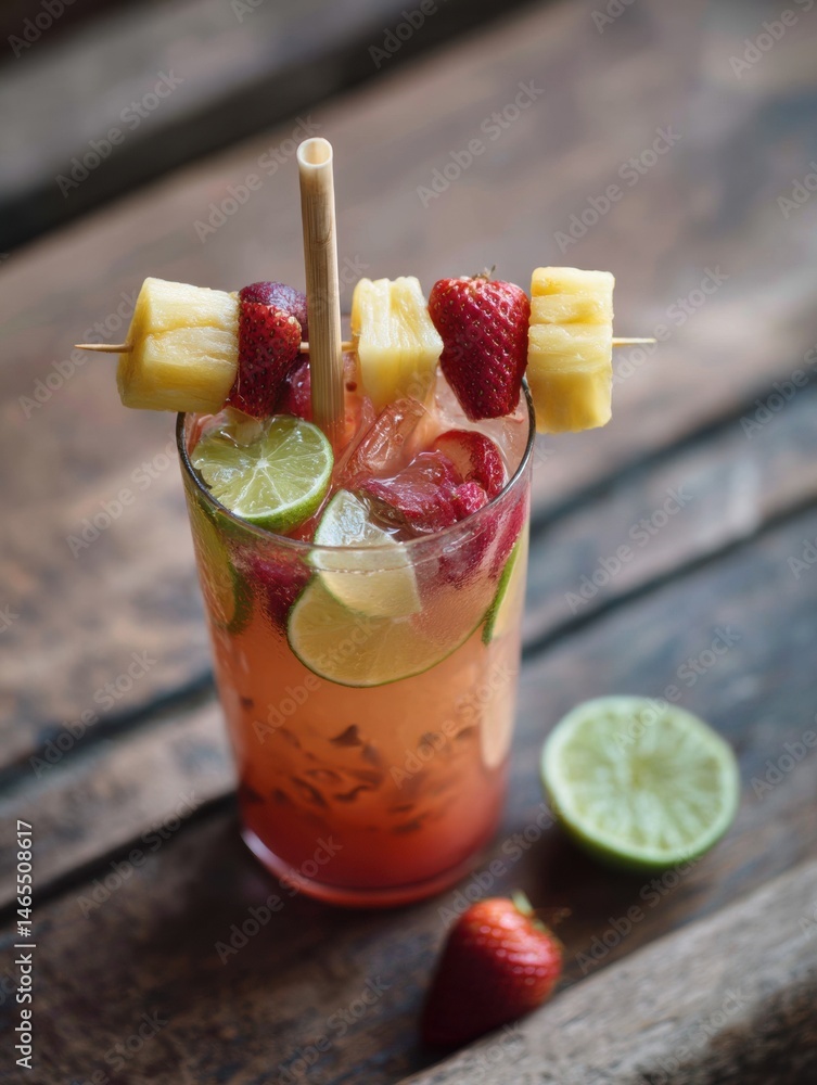 Poster Delicious Tropical Drink With Fruit Skewers and Paper Straw on a Wooden Table in a Sunny Setting Generative AI