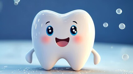 Cute cartoon character promotes dental health in colorful animated setting with joyful expressions