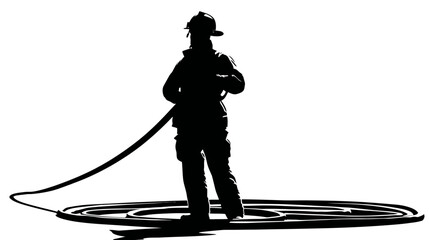 Firefighter holding hose silhouette vector isolated on white background  -  