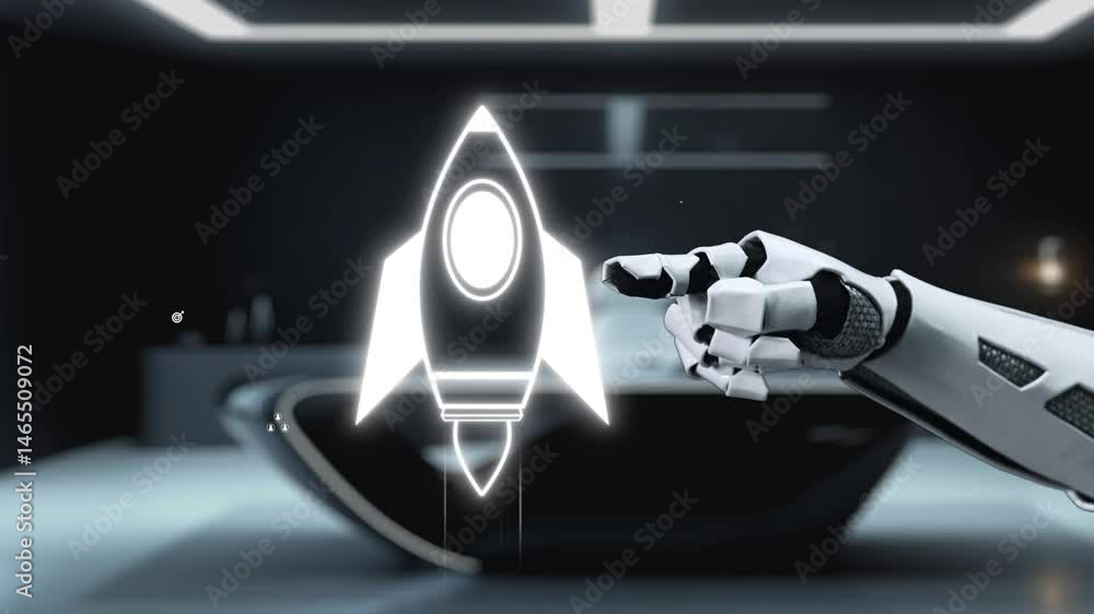 Poster a sophisticated robot hand reaches out to interact with sleek graphics depicting a rocket launch, sy