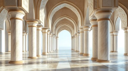 Grand Mosque Interior:  Marble Columns, Arches, and Soft Light
