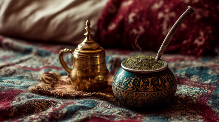 Traditional yerba mate tea on bed indoors