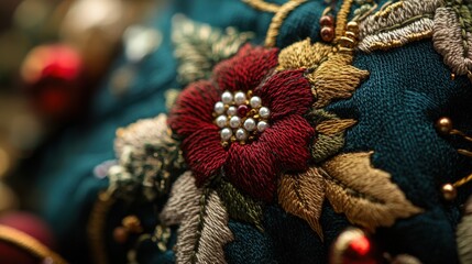 Close-up of elaborate embroidered floral design on a textured fabric.