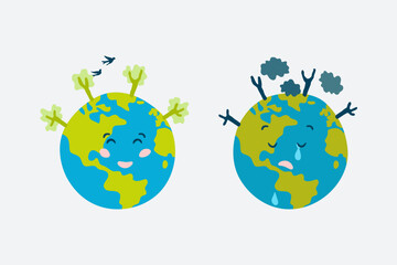 Set of cute hand drawn Earth illustrations - happy Earth versus sad Earth with smile and tears, trees and clouds.