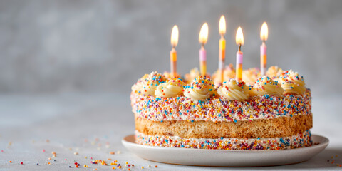 Delicious bento cake with colorful sprinkles and burning candles on light table against grey background, closeup