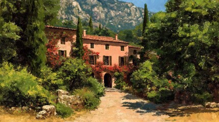 Mediterranean village house with lush greenery