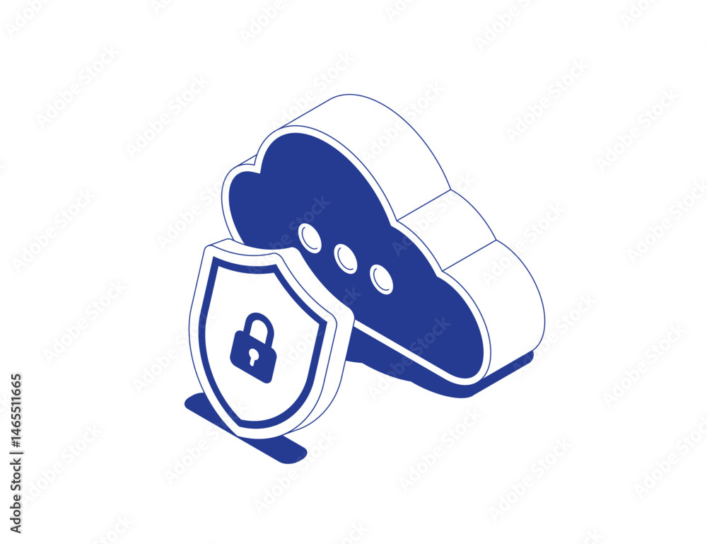 Poster cloud technology security concept with shield and lock icon symbolizing data protection in isometric