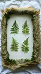 Pressed fern leaves arranged in a rectangular frame
