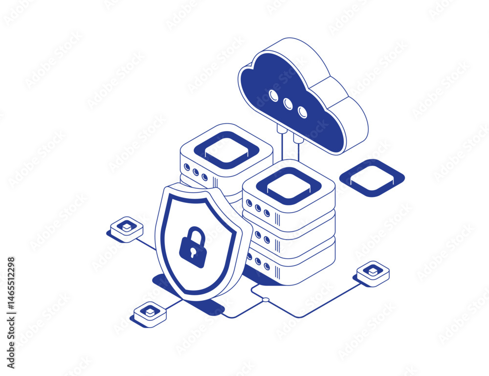 Poster server racks connected to cloud storage with security shield and lock symbol representing data prote