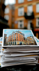 Stack of architectural postcards depicting a modern apartment building