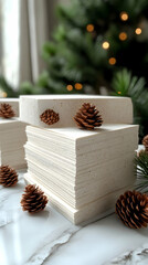 Stacked blocks of blank paper, perfect for crafting or writing, with pine cones and a blurred Christmas tree background