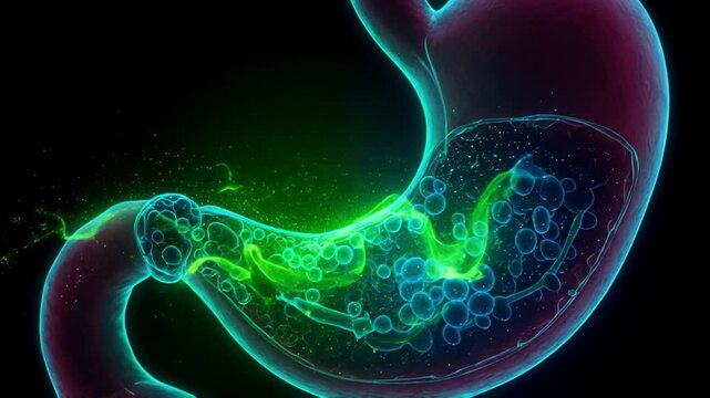 Glowing depiction alkaline reaction occurring in stomach, highlighted with vibrant green neon colors, microscopic process
Concepts stomach, alkaline reaction, scientific illustration, digestive system