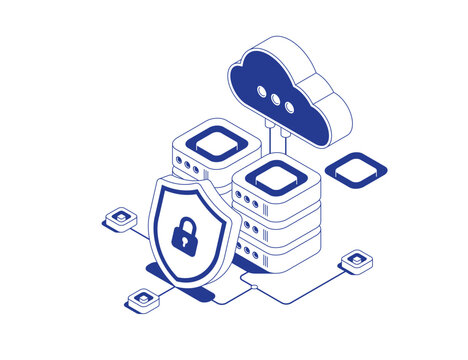 Server racks connected to cloud storage with security shield and lock symbol representing data protection in isometric line contour vector illustration