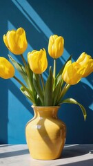 Yellow tulips in a vibrant yellow vase against a blue background