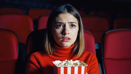 woman watching a scary movie at the cinema