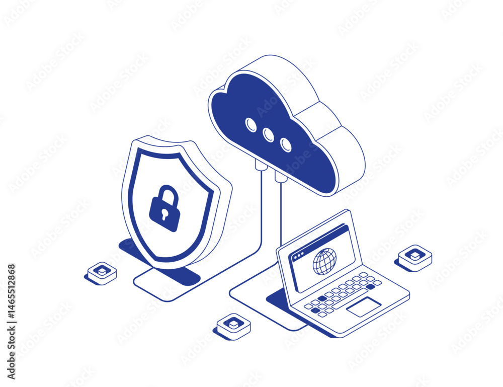 Aufkleber cloud computing security concept. isometric line contour illustration of laptop with browser, cloud 