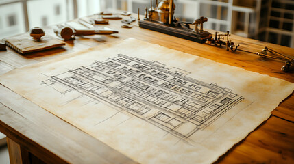 Architectural sketch of a multi-story building on aged paper,  placed on a wooden table with tools and equipment