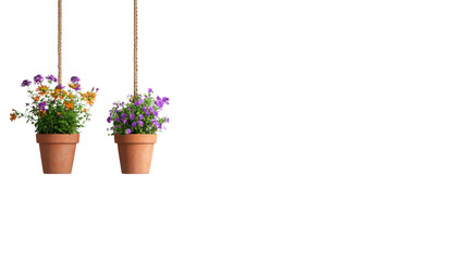 Two hanging flower pots with vibrant blooms in purple and orange, adding color and charm to any space.