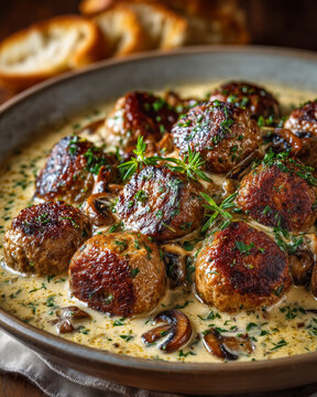Luscious boulette dish served in a creamy mushroom sauce with herbs